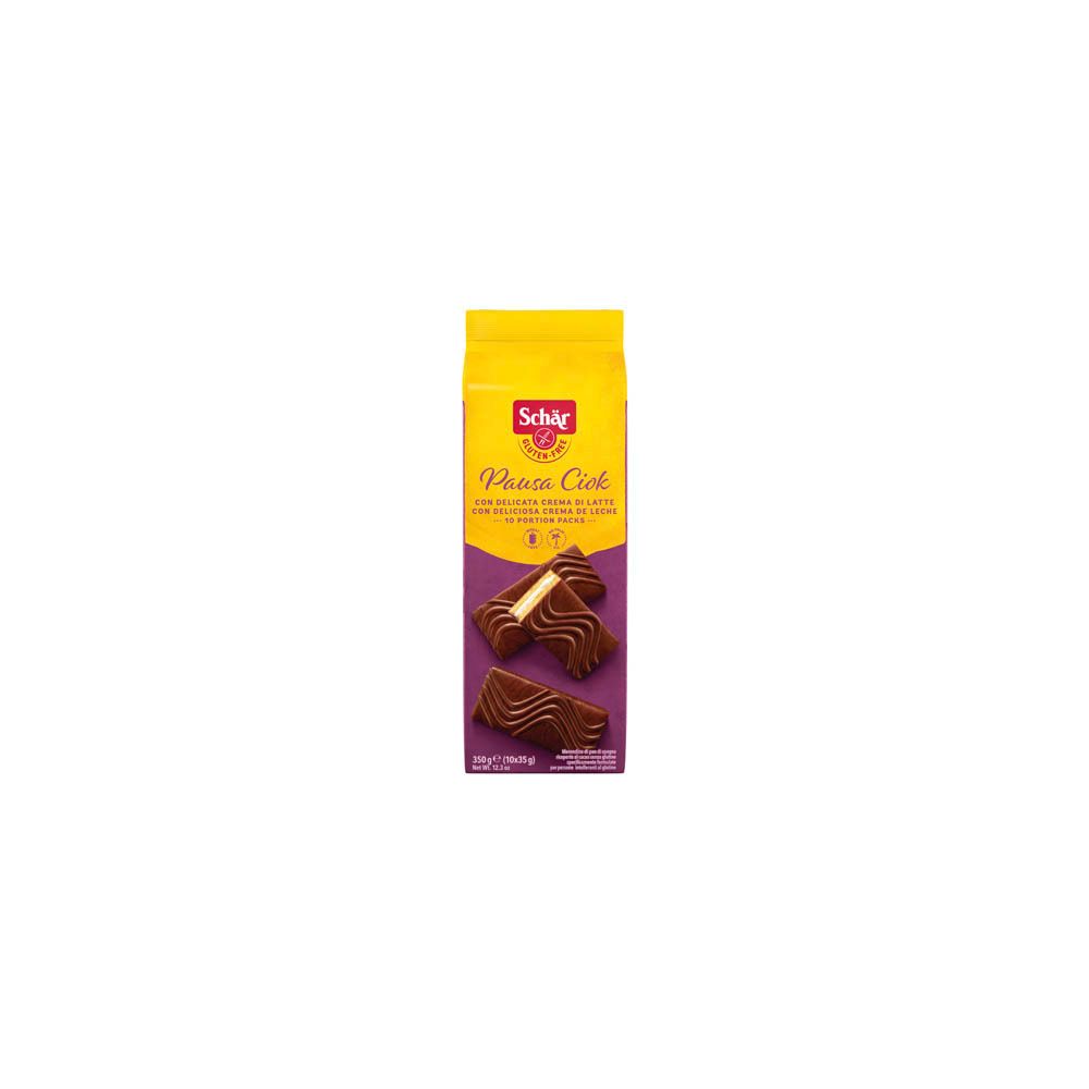 Schär Pausa Ciok glutenvrij. Geel-paarse verpakking met chocoladekoekjes. Opschrift: Pausa Ciok, glutenvrij.