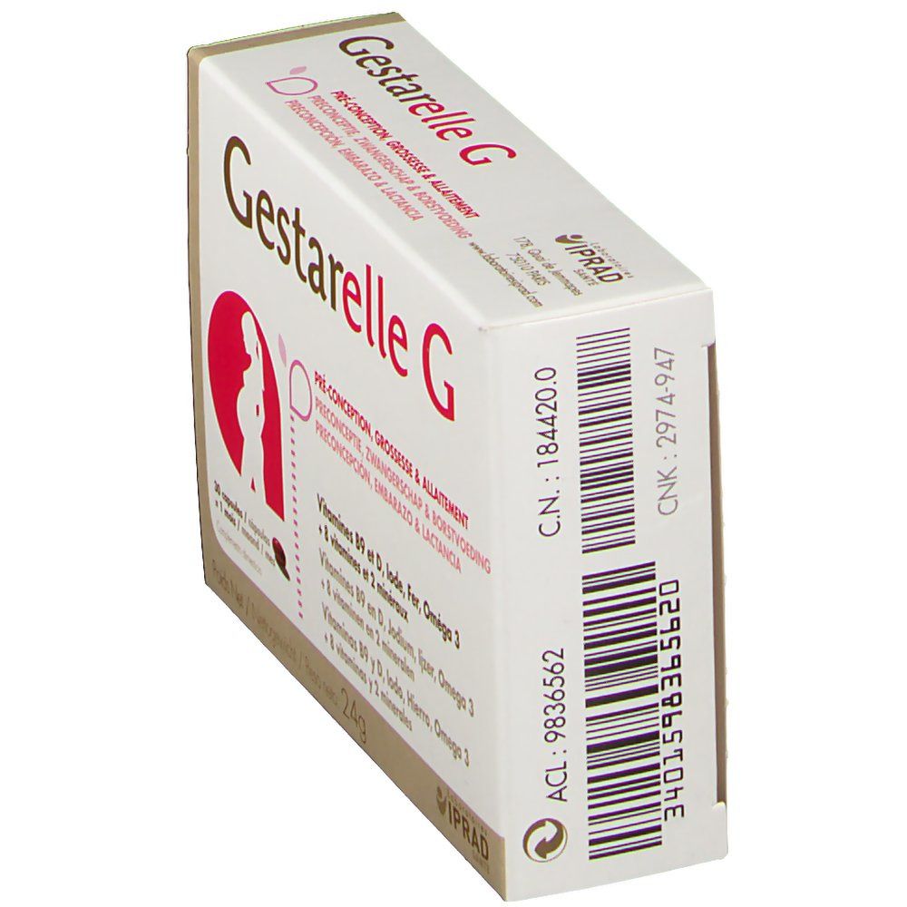 Boîte Gestarelle G, vue oblique. Texte et illustration femme enceinte. Marque IPRAD. Code-barres.