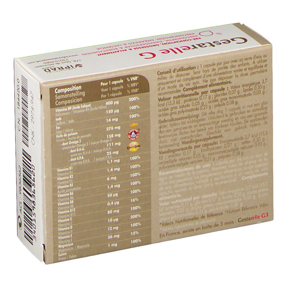 Dos de la boîte Gestarelle G. Texte avec informations nutritionnelles et ingrédients. Marque IPRAD.