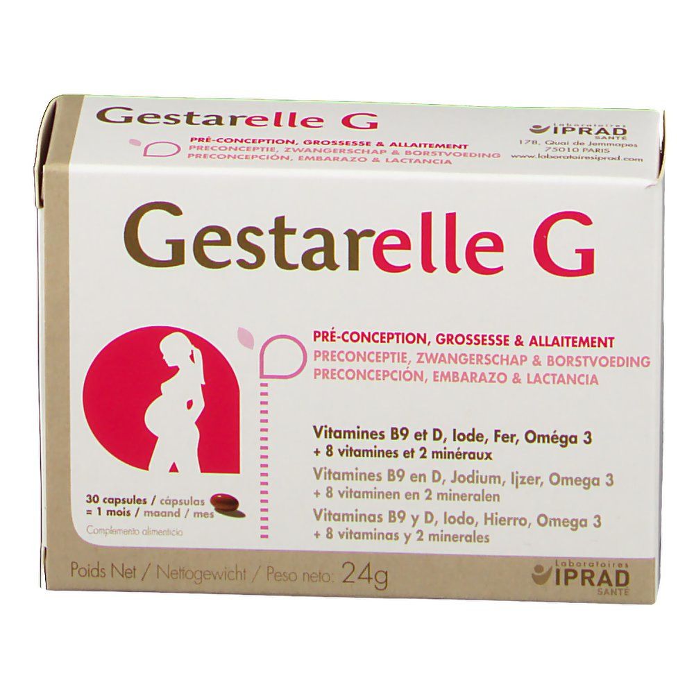 Boîte Gestarelle G avec texte et illustration femme enceinte. Contient 30 capsules. Marque IPRAD.