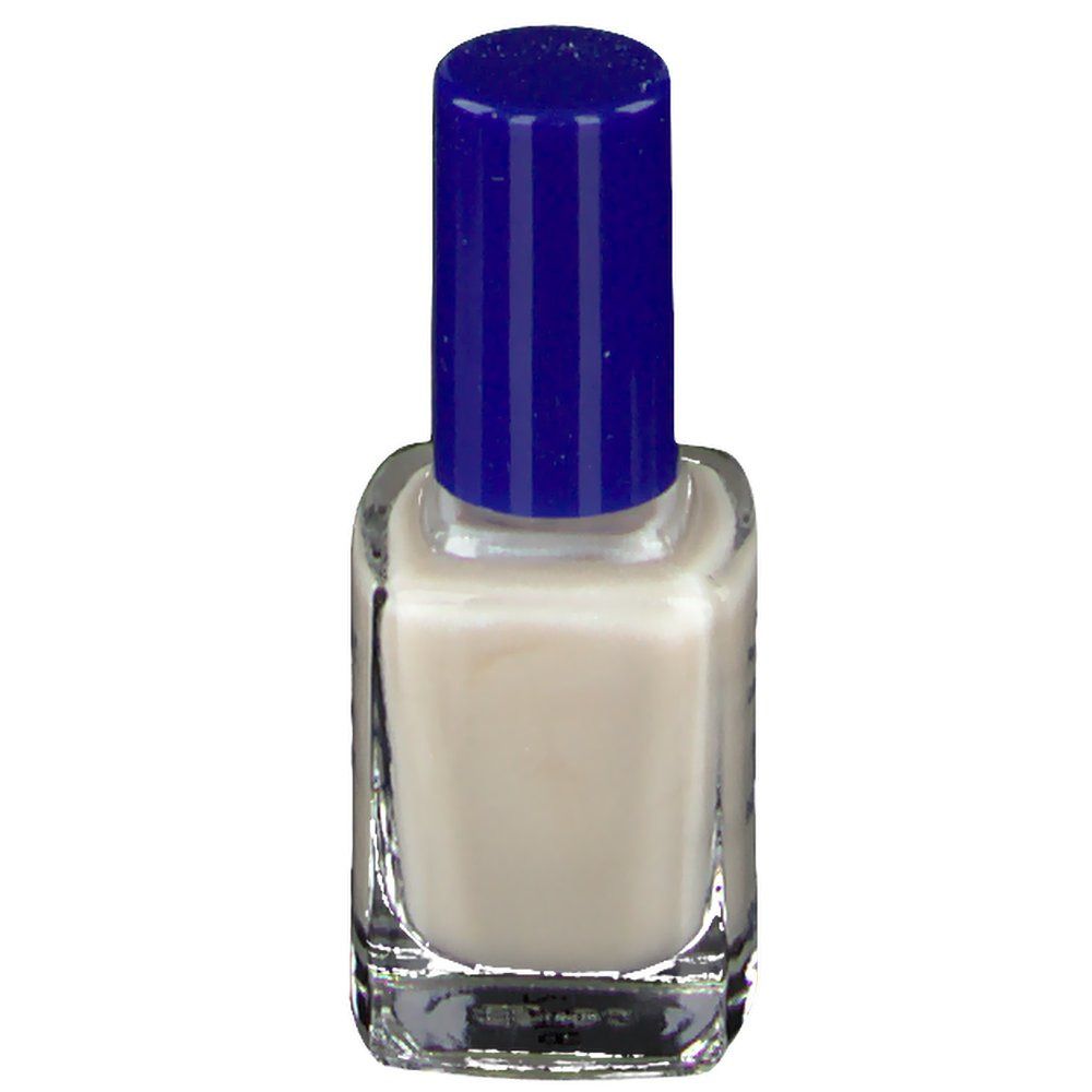 Flacon de vernis à ongles avec bouchon bleu. Contenu beige clair. Forme carrée.