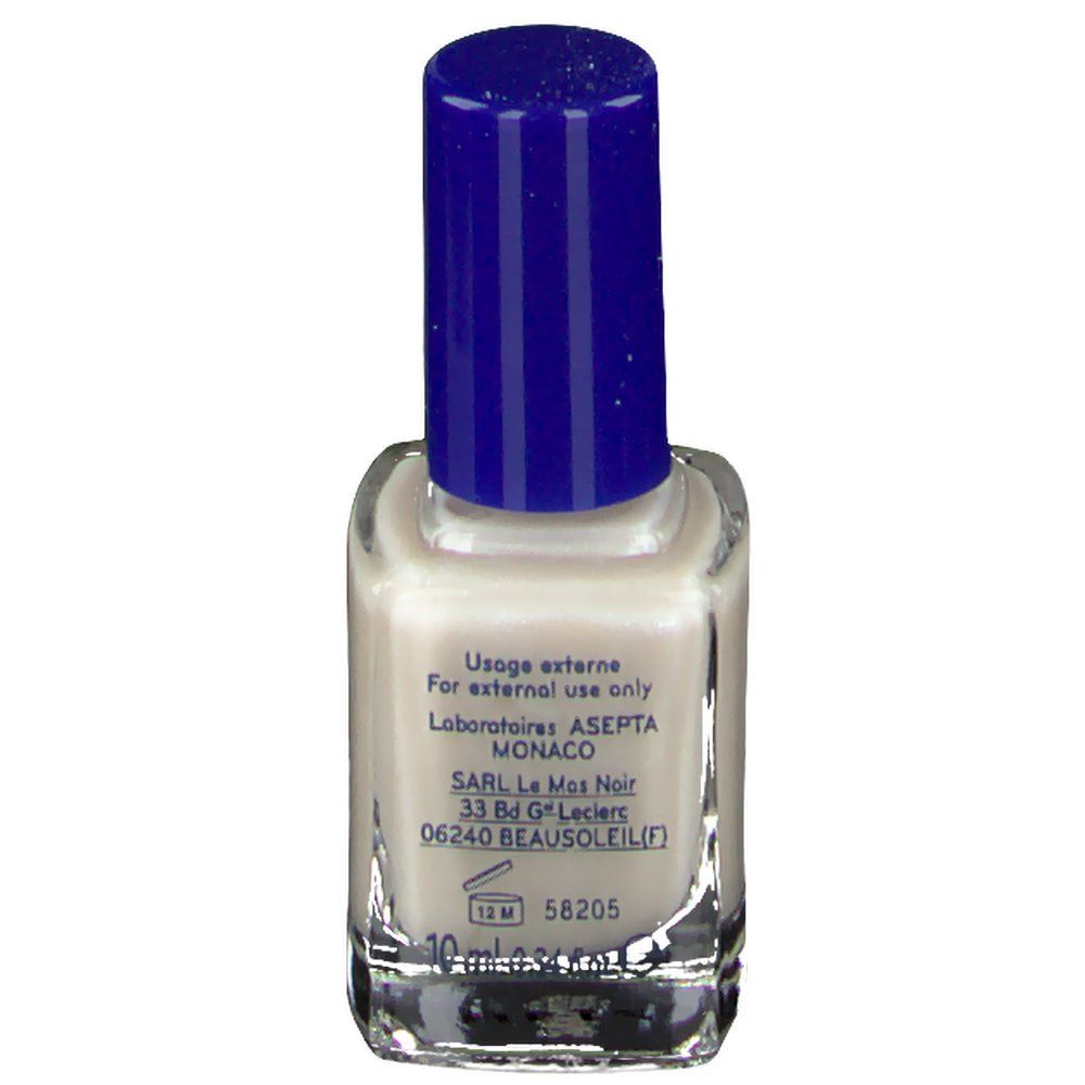 Flacon de vernis à ongles avec bouchon bleu. Texte au dos: Usage externe, Laboratoires ASEPTA, Monaco.