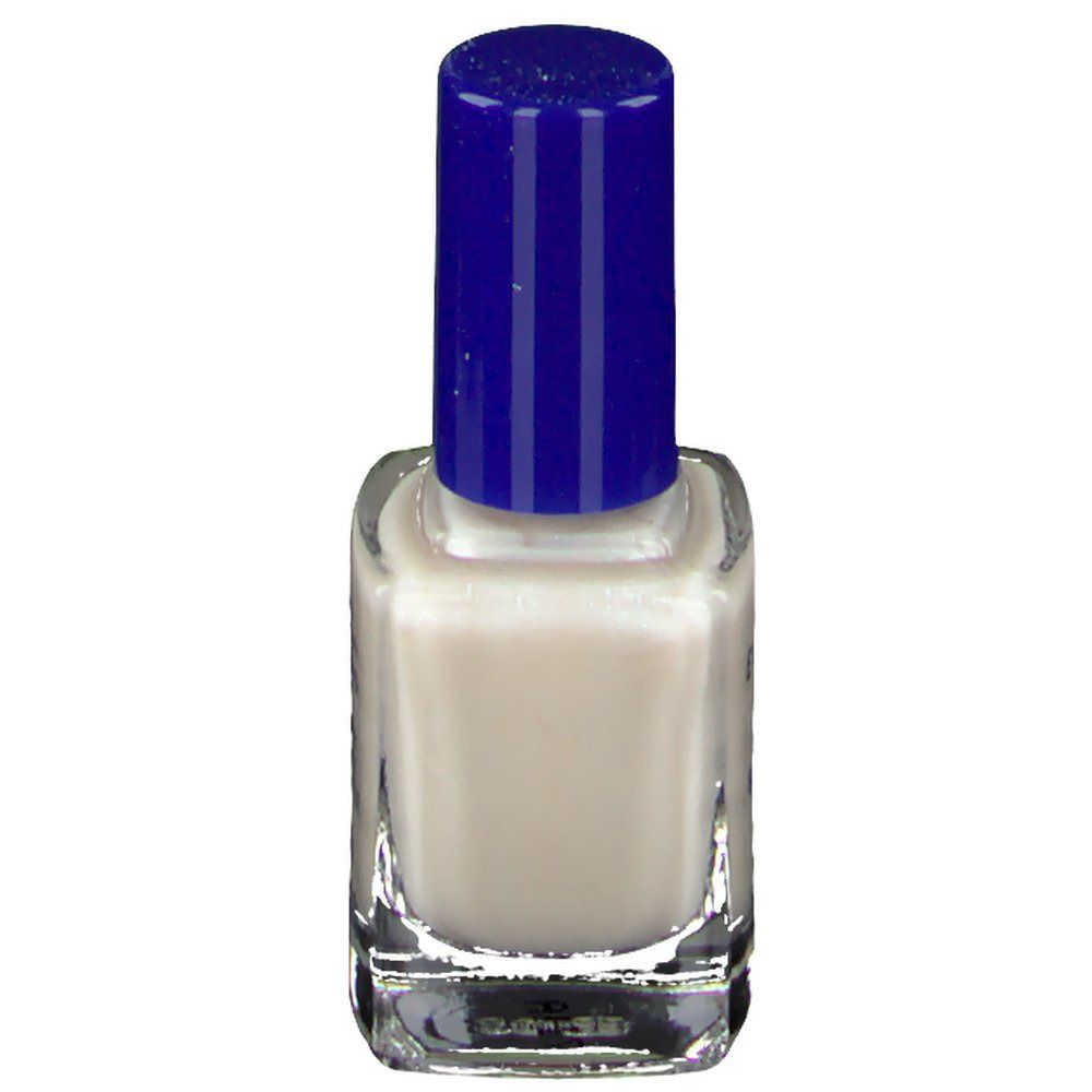 Flacon de vernis à ongles avec bouchon bleu. Contenu beige clair. Forme carrée.