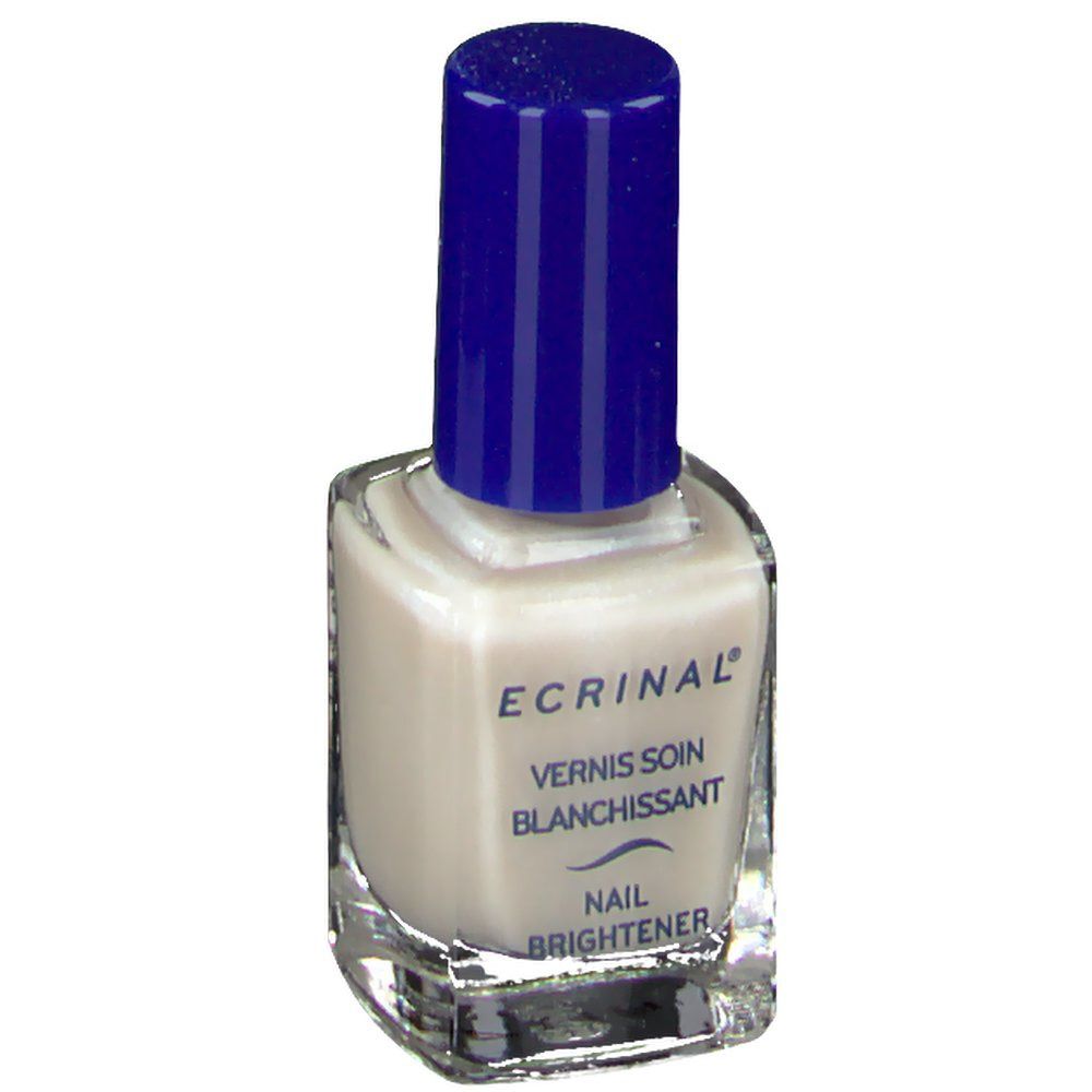 Flacon de vernis à ongles avec bouchon bleu. Inscription: ECRINAL, Vernis Soin Blanchissant, Nail Brightener.