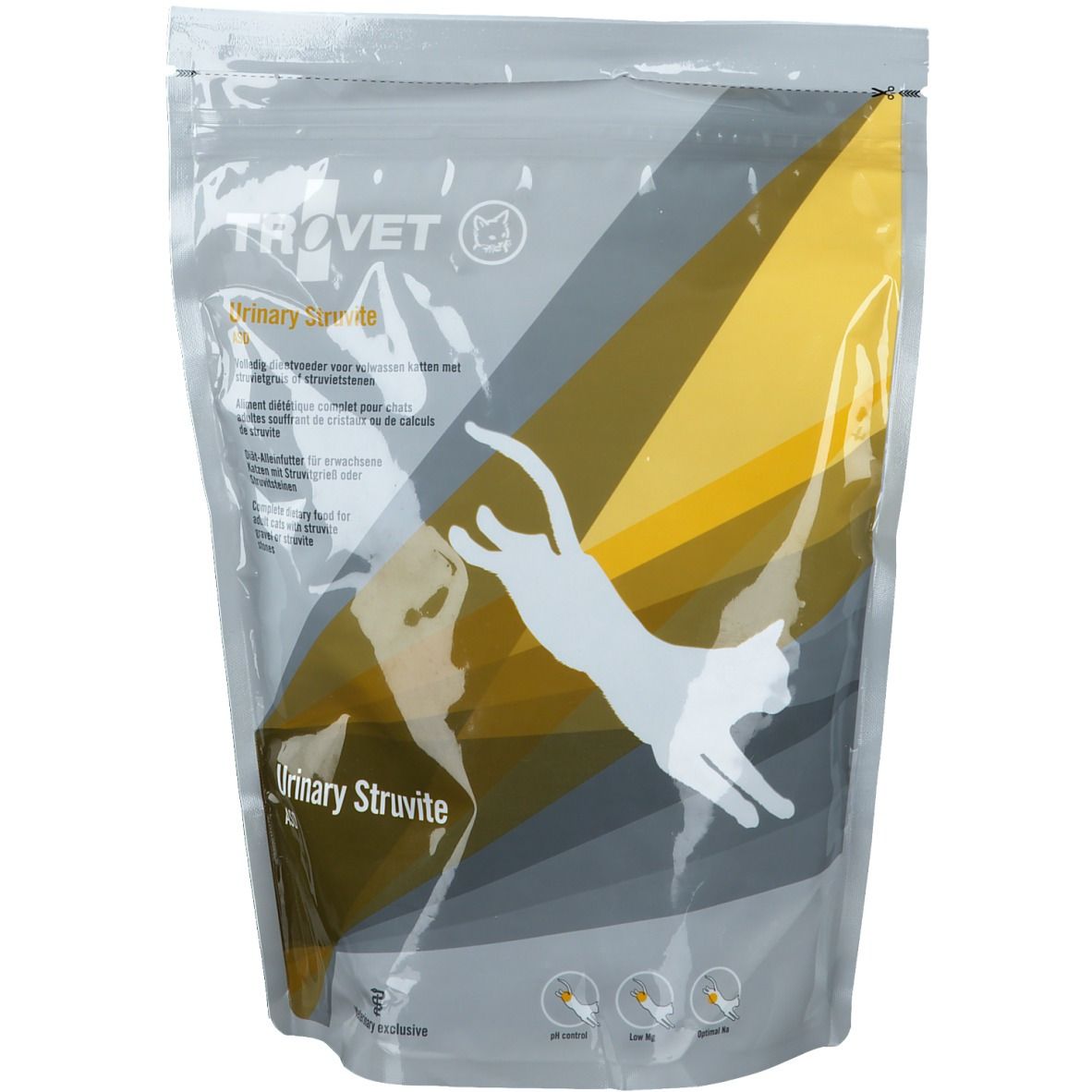 Beutel mit Produktaufdruck. Logo und Schriftzug 'Trovet Urinary Struvite'. Abbildung einer Katze.
