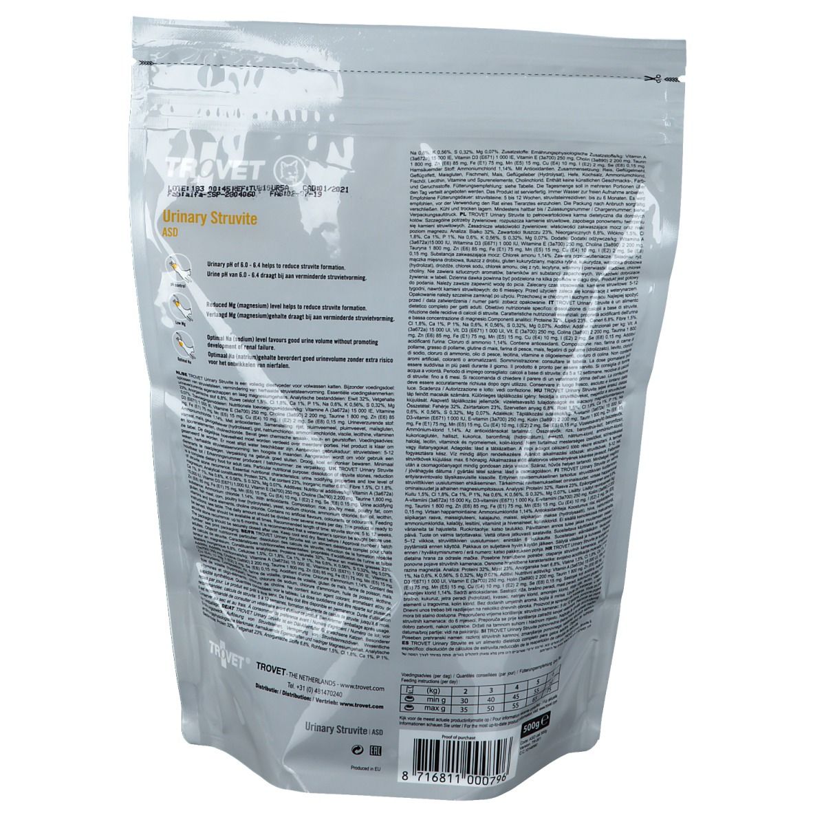 Rückseite der Produktverpackung. Text und Logo 'Trovet Urinary Struvite'. Informationen und Nährwertangaben.