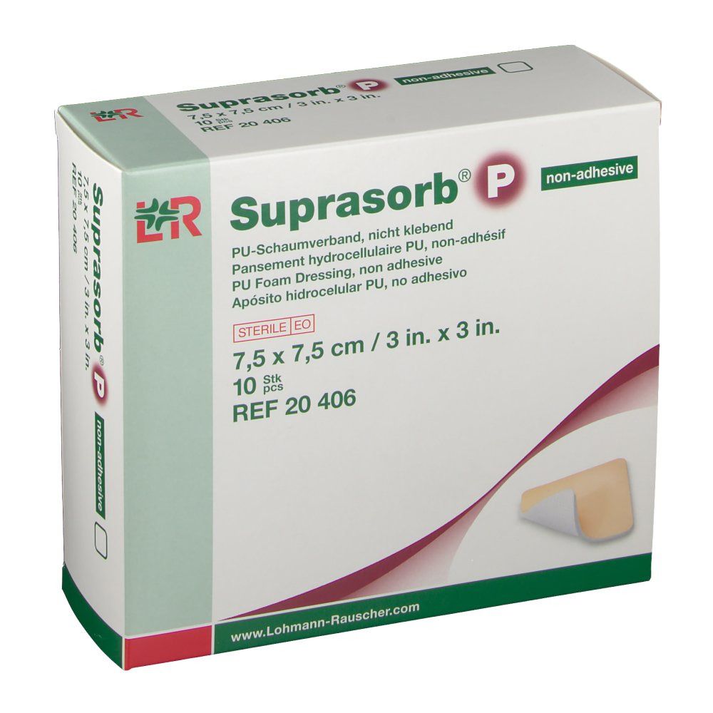 Emballage de Suprasorb P. Pansement en mousse de PU, non adhésif. Taille 7,5 x 7,5 cm. 10 pièces. Stérile.