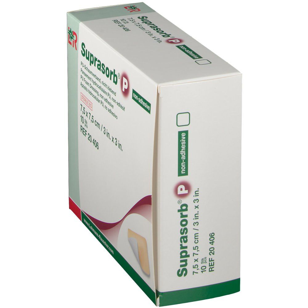 Emballage incliné de Suprasorb P. Pansement en mousse de PU, non adhésif. Taille 7,5 x 7,5 cm. 10 pièces.