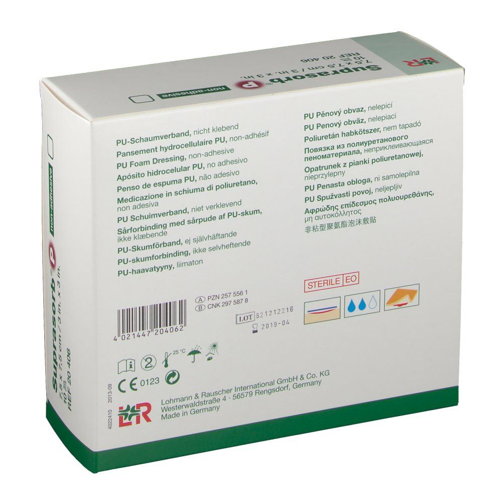 Dos de l'emballage de Suprasorb P. Informations multilingues sur le produit. Marquage stérile.