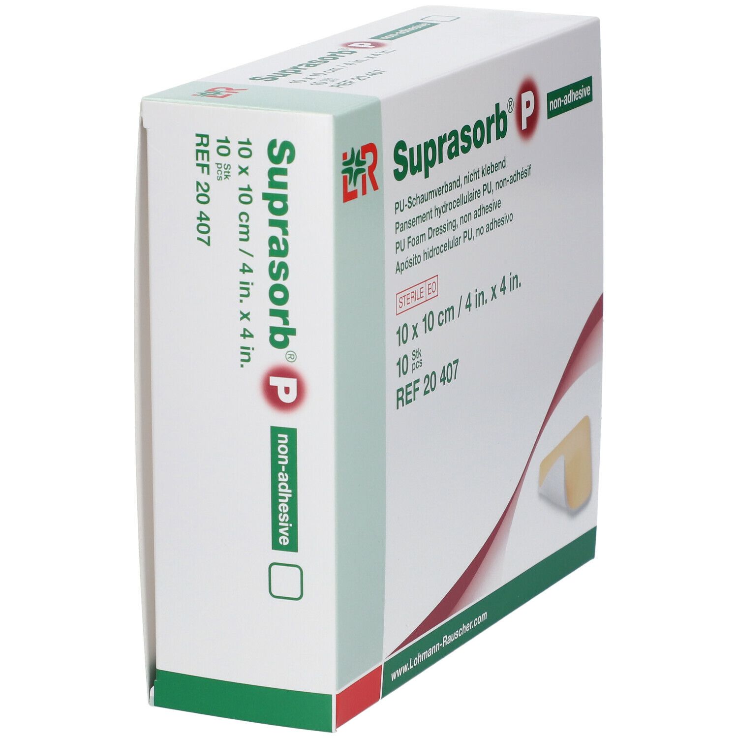 Boîte de Suprasorb P en biais. Pansements 10 x 10 cm, non adhésifs.