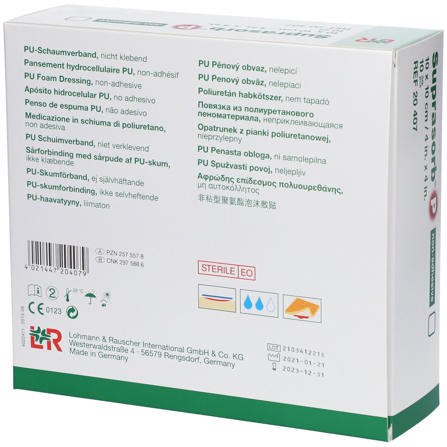 Dos de la boîte Suprasorb P. Informations multilingues et coordonnées du fabricant.