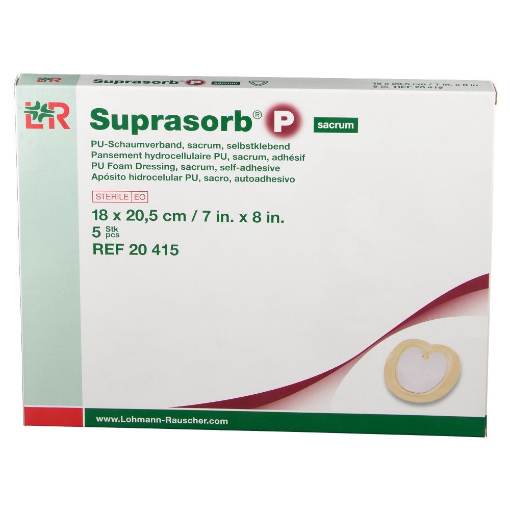 Emballage de Suprasorb P Sacrum. Dimensions : 18 x 20,5 cm. Contient 5 pièces. Stérile.