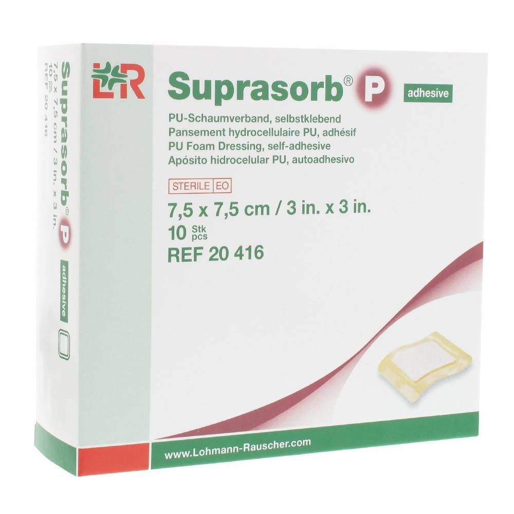 Boîte de Suprasorb® P. Contient 10 pansements en mousse PU auto-adhésifs stériles. Taille : 7,5 x 7,5 cm.