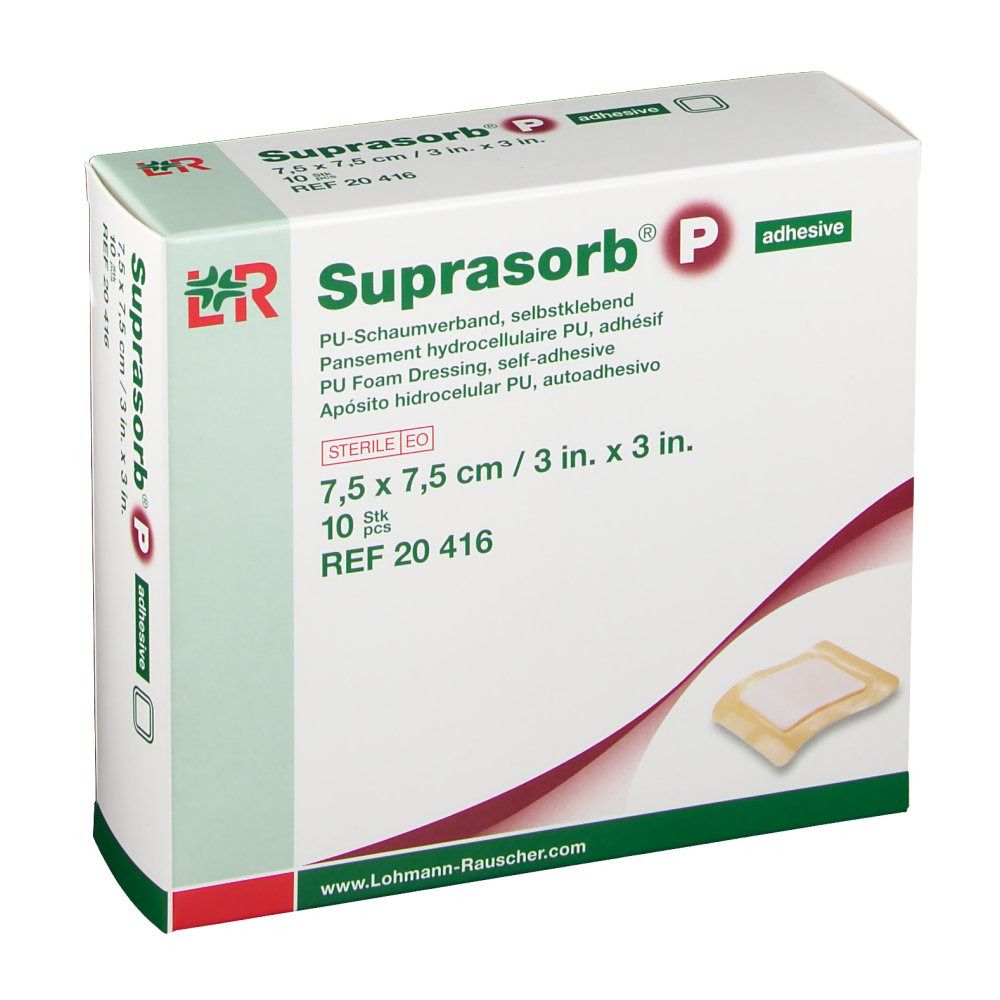 Boîte de Suprasorb® P. Contient 10 pansements en mousse PU auto-adhésifs stériles. Taille : 7,5 x 7,5 cm.