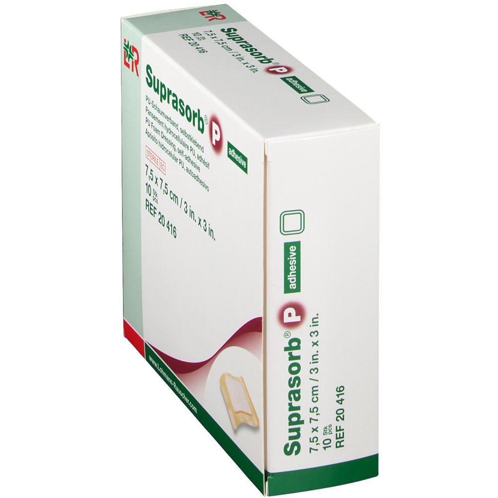 Boîte de Suprasorb® P en biais. Contient 10 pansements en mousse PU auto-adhésifs stériles. Taille : 7,5 x 7,5 cm.