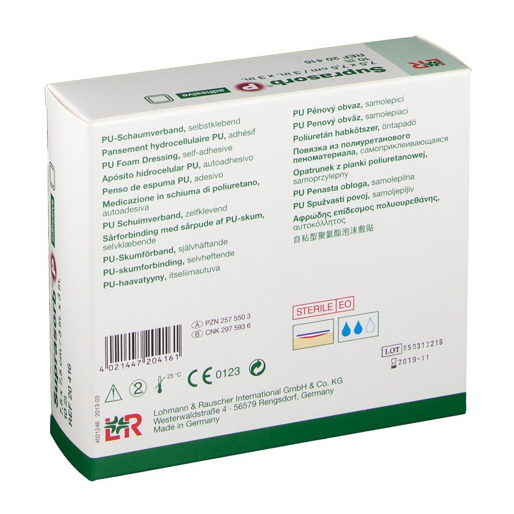 Dos de la boîte de Suprasorb® P. Informations multilingues, fabricant, numéro de lot et marquage CE.
