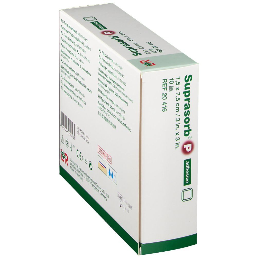 Boîte de Suprasorb® P en biais. Contient 10 pansements en mousse PU auto-adhésifs stériles. Taille : 7,5 x 7,5 cm.