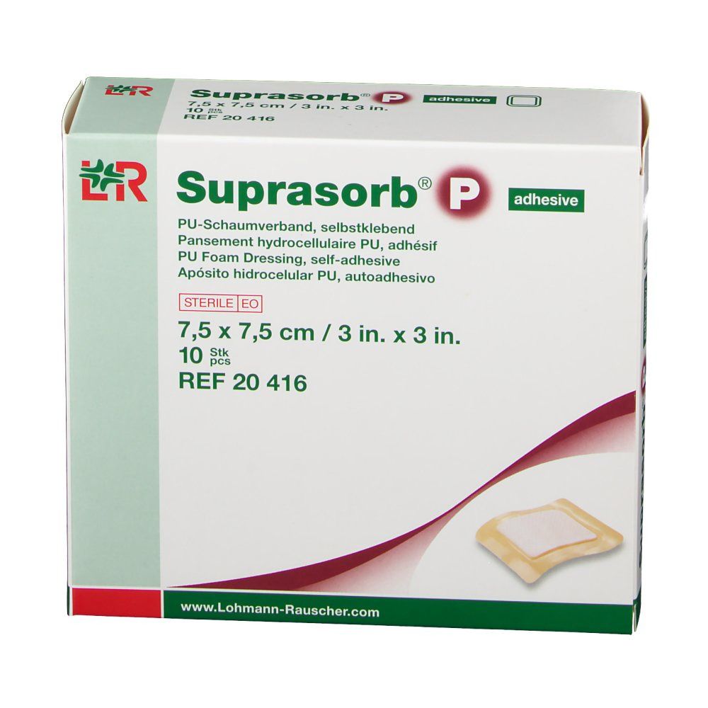 Boîte de Suprasorb® P. Contient 10 pansements en mousse PU auto-adhésifs stériles. Taille : 7,5 x 7,5 cm.