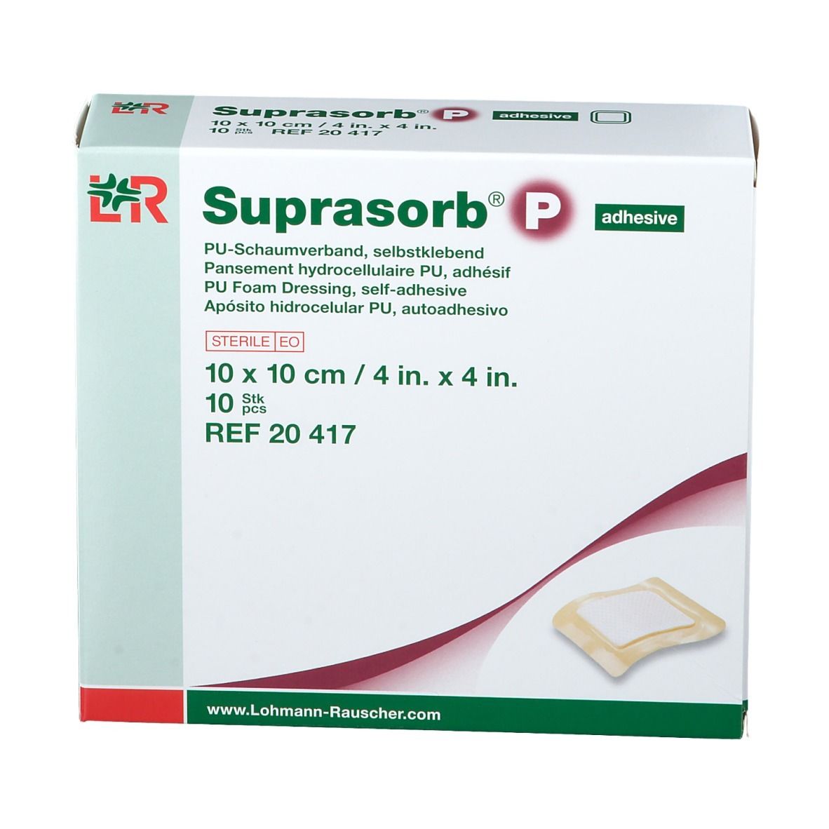 Boîte de Suprasorb P, 10 x 10 cm. Contient 10 pièces. Inscription: Pansement hydrocellulaire PU, adhésif.