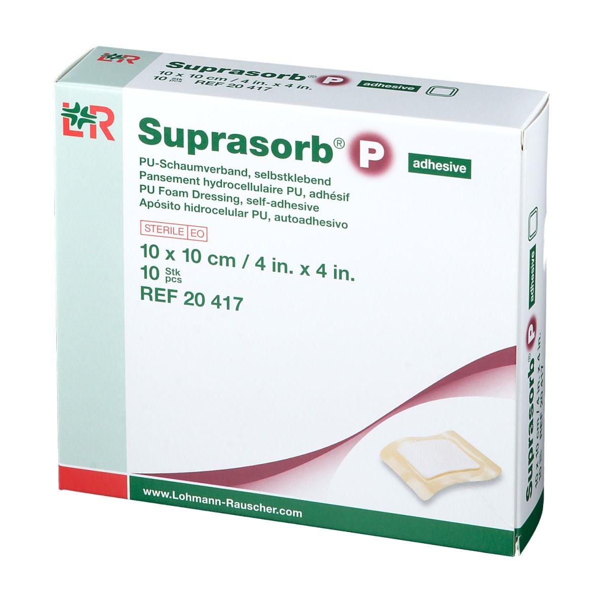 Boîte de Suprasorb P, 10 x 10 cm. Contient 10 pièces. Inscription: Pansement hydrocellulaire PU, adhésif.