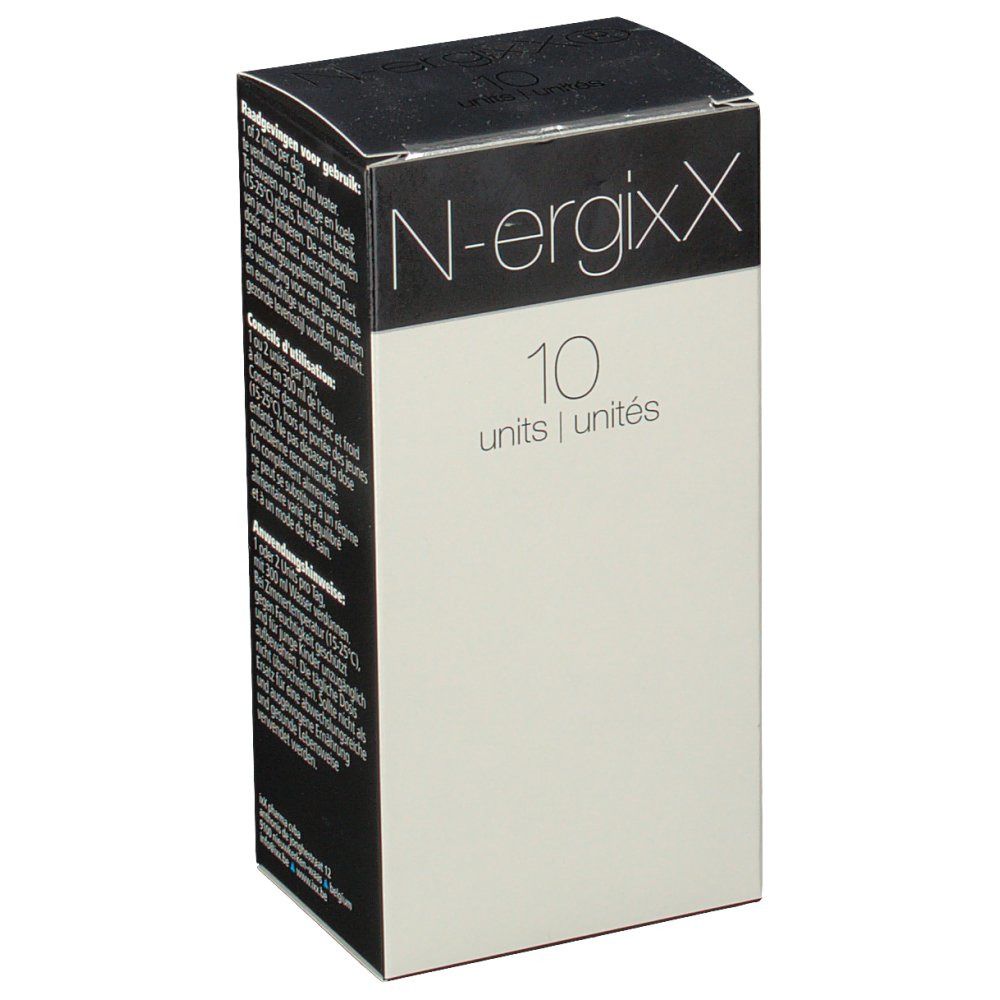 Crèmekleurige verpakking van N-ergixx met witte tekst. Toont 10 eenheden. Rechthoekige vorm, staand.