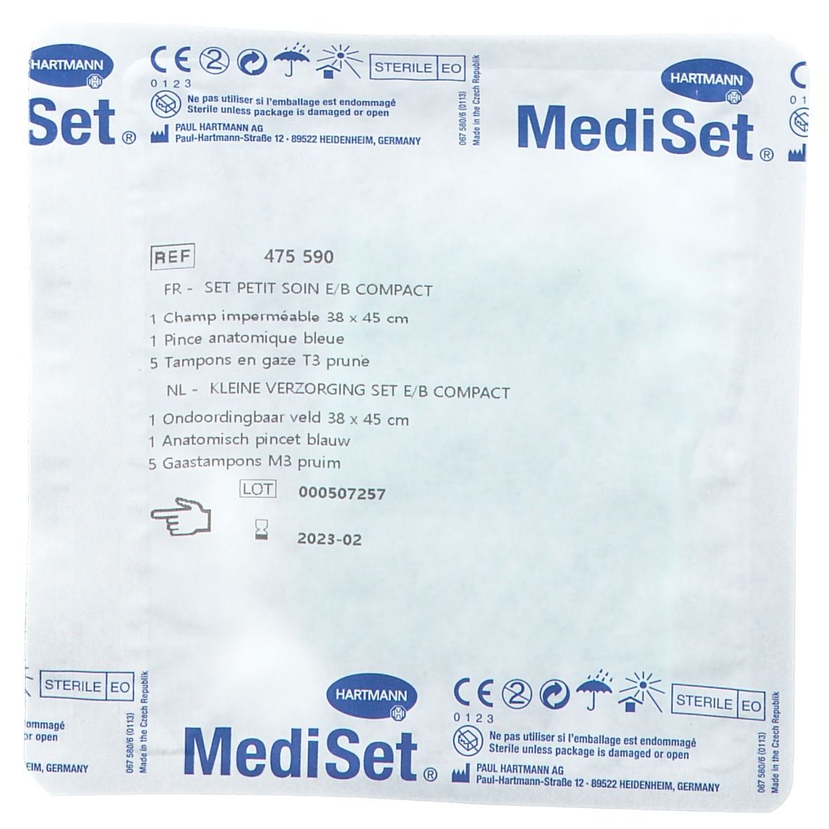 Hartmann MediSet E/B Compact. Emballage stérile. Contient compresse, pince et tampons. Texte.