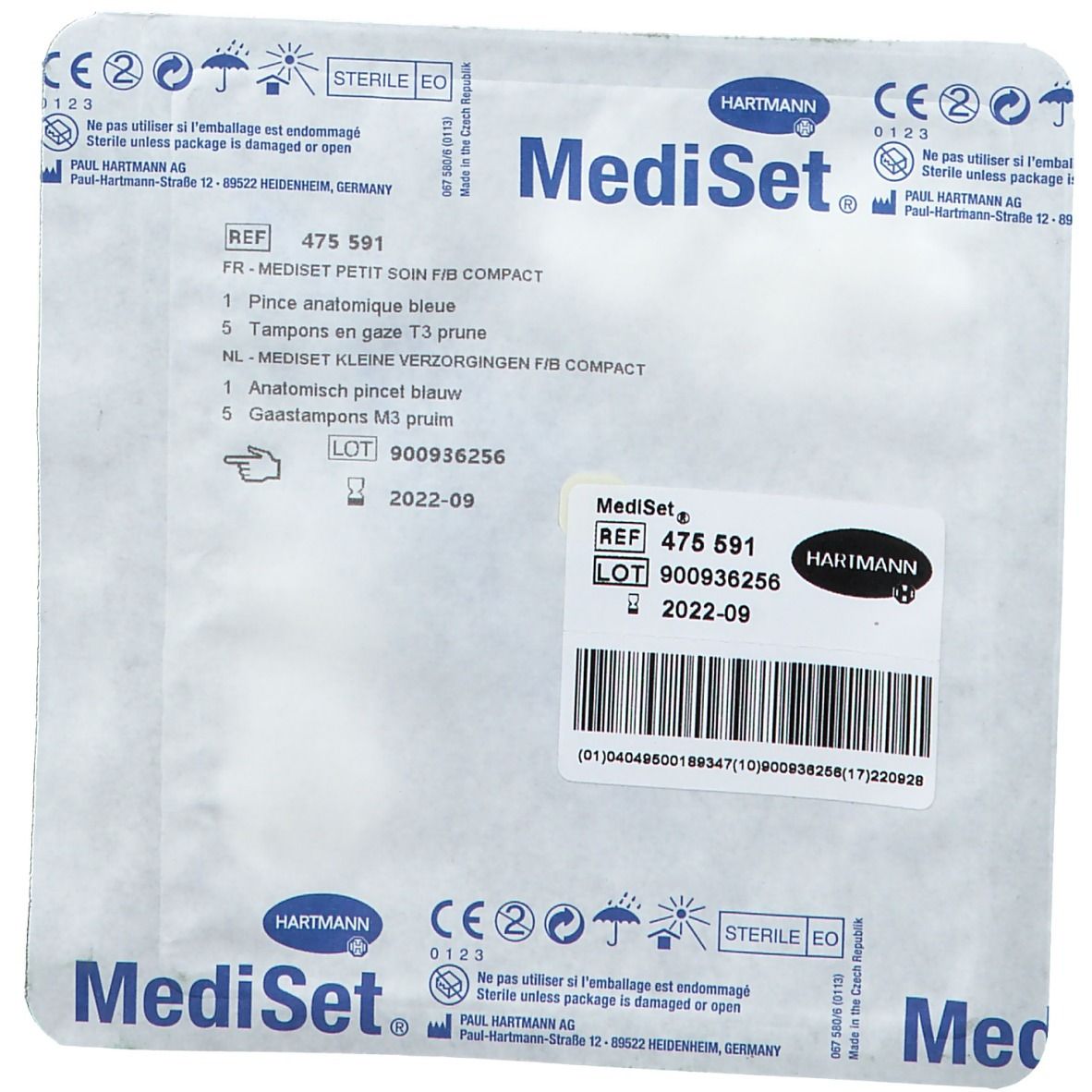 Emballage Hartmann Mediset. Contient des informations sur le produit et le numéro de lot. Stérile.