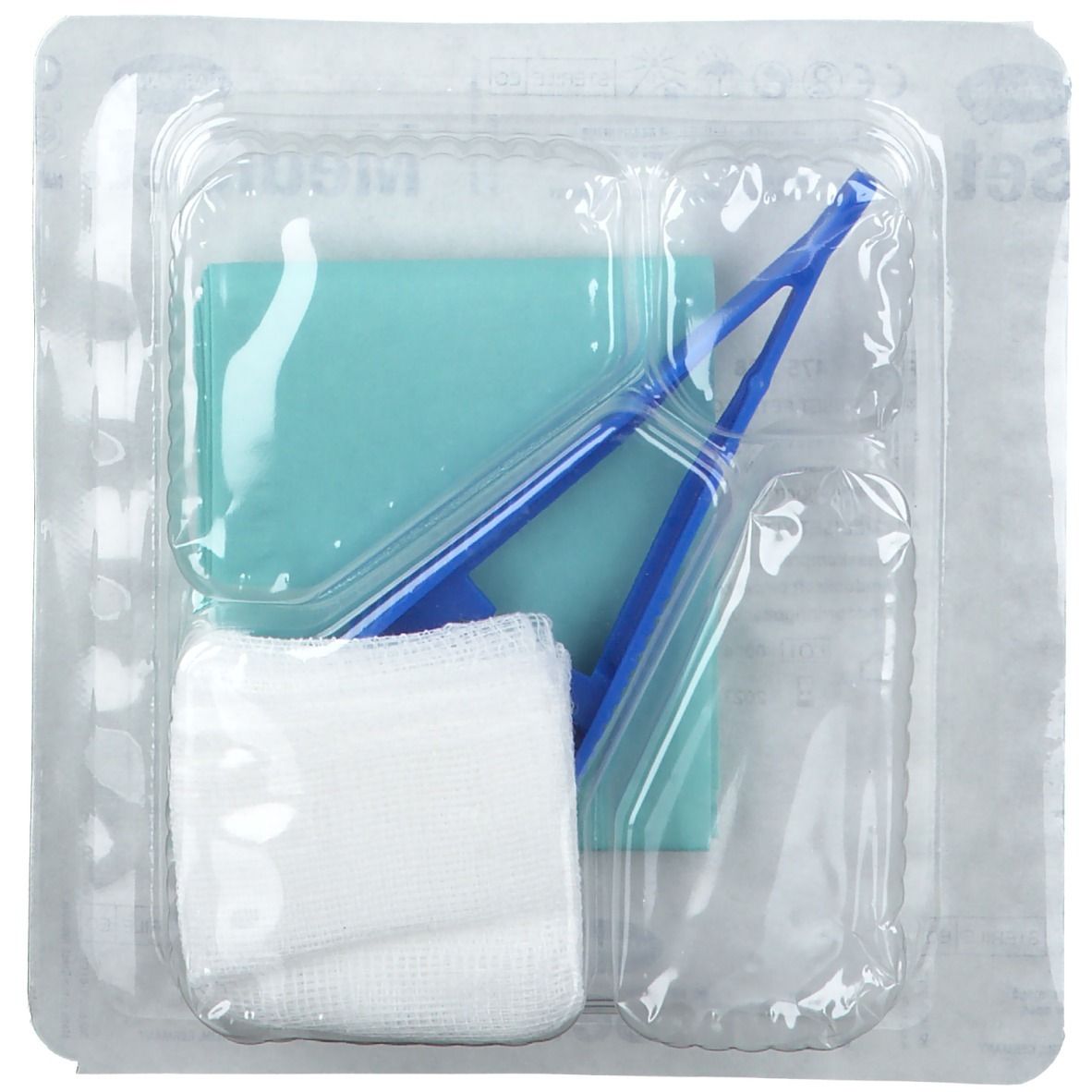 Emballage de matériel médical. Contient compresses, pince bleue, tampon et étui transparent.