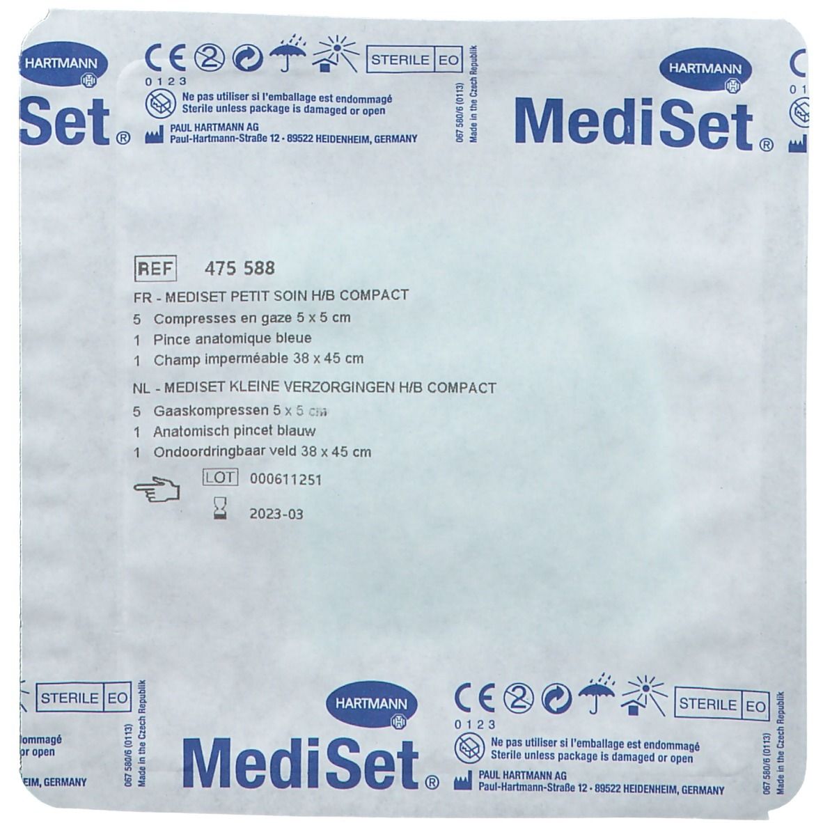 Emballage Hartmann Mediset. Contient compresses, pince et autres articles médicaux. Stérile.