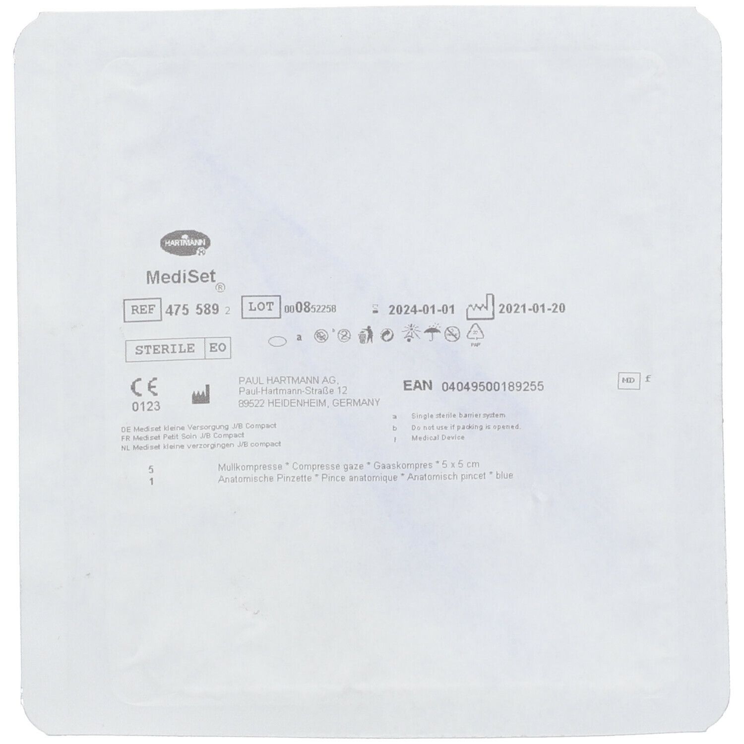 Verpakking van MediSet® Kleines Wundversorgungsset J/B Kompakt. Met productinformatie en CE-markering.