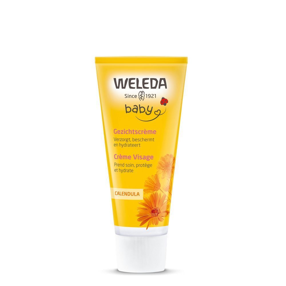 Tube jaune avec bouchon blanc. Inscription: WELEDA baby, Crème Visage, Calendula. Illustration florale.