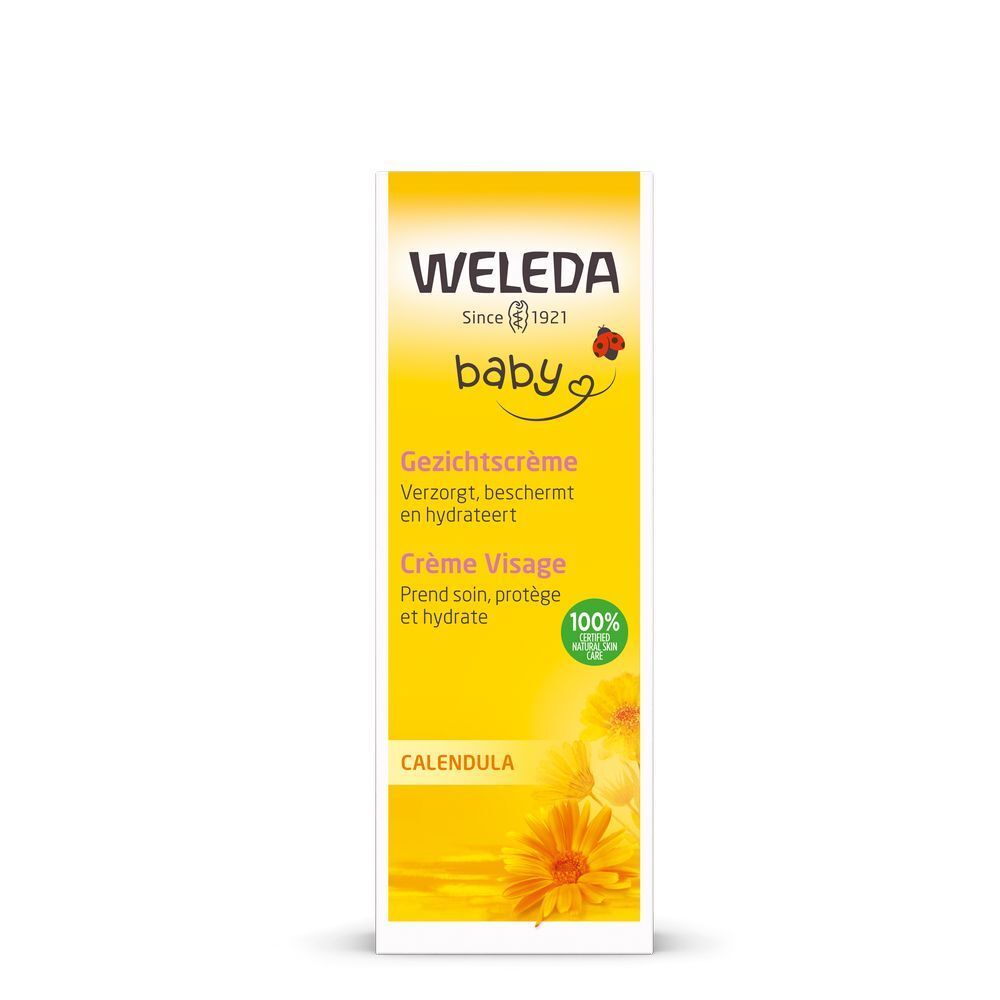 Emballage jaune avec inscription: WELEDA baby, Crème Visage, Calendula. Logo pour cosmétiques naturels certifiés.