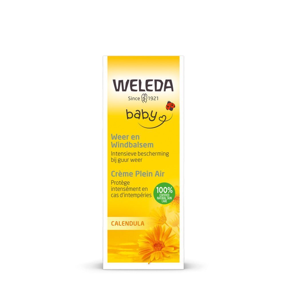 Gelbe Verpackung mit Aufschrift: Weleda Baby, Crème Plein Air, Calendula. Logo: rotes Kleeblatt. Siegel: 100% natürliche Hautpflege.