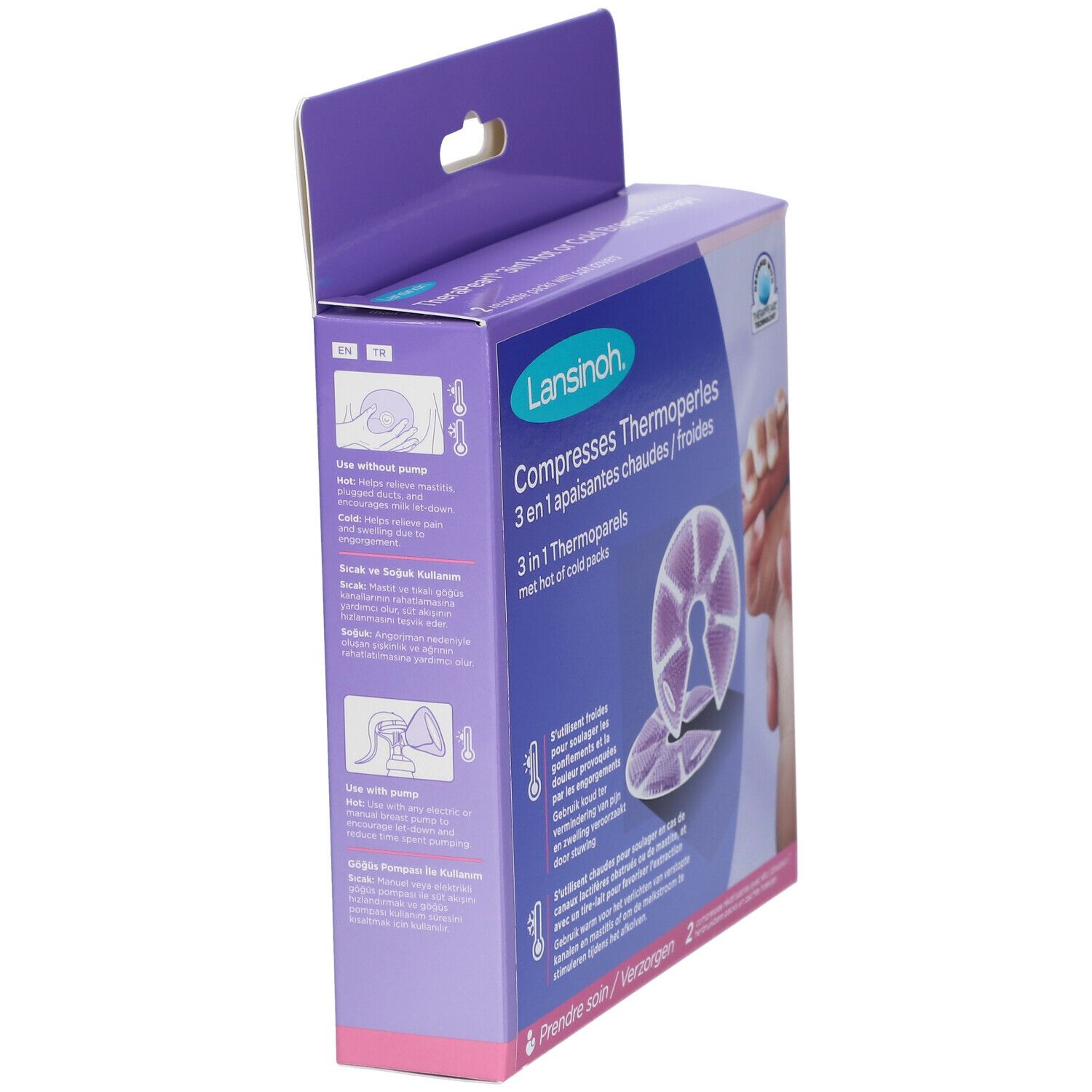 Boîte de compresses thermiques Lansinoh. Contient deux coussinets ronds violets. Texte: 3 en 1 Thermoperles. Instructions et illustrations.