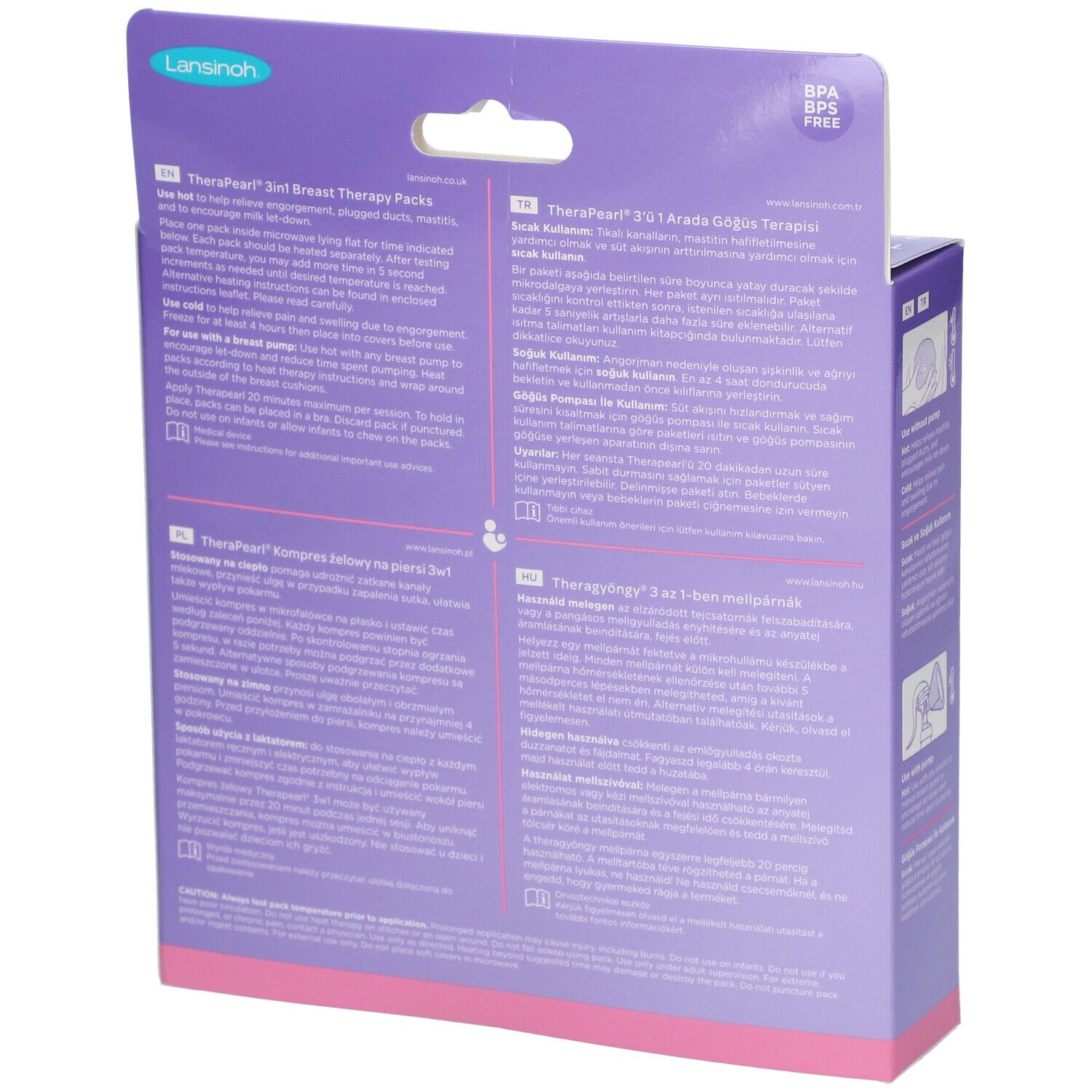 Dos de la boîte avec informations produit en plusieurs langues. Logo BPA/BPS Free. Illustrations et instructions d'utilisation.