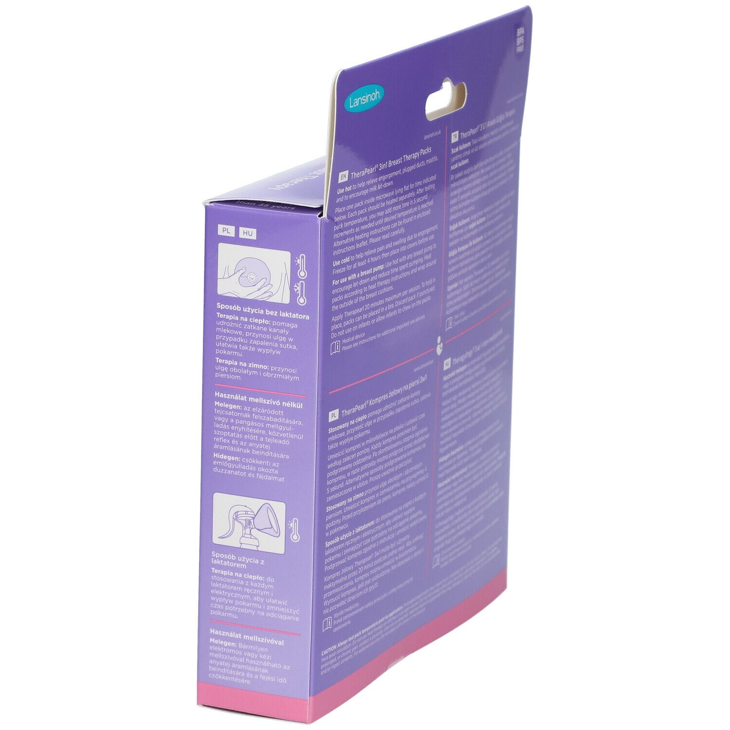 Vue latérale de la boîte avec informations produit en plusieurs langues. Illustrations et instructions d'utilisation.
