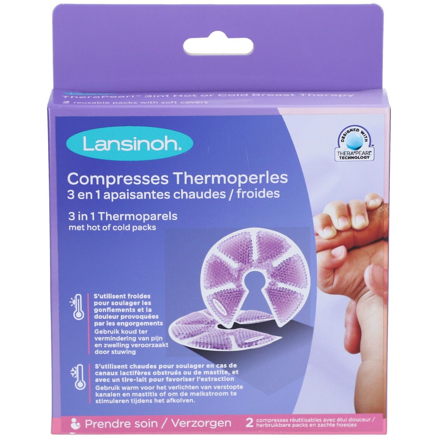 Boîte Lansinoh avec illustration du produit. Texte: Thermoperles 3 en 1. Deux coussinets ronds violets. Logo: Designed with Therapearl.