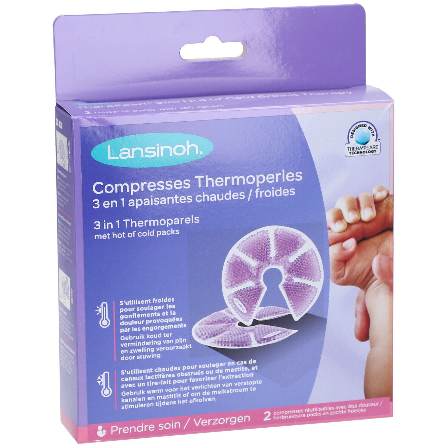 Boîte Lansinoh avec illustration du produit. Texte: Thermoperles 3 en 1. Deux coussinets ronds violets. Logo: Designed with Therapearl.