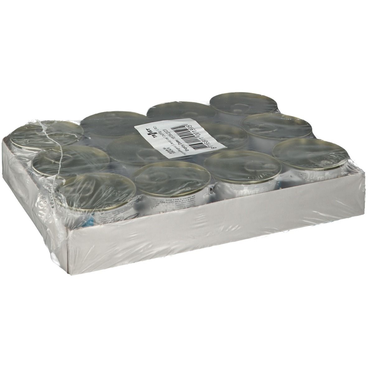 Emballage de 12 boîtes de nourriture pour animaux. Boîtes dans un carton, emballées dans du film plastique. Étiquette avec informations.