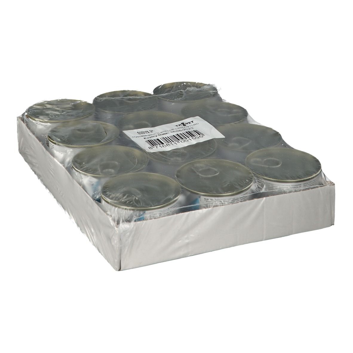 Emballage de 12 boîtes de nourriture pour animaux. Boîtes dans un carton, emballées dans du film plastique. Étiquette avec informations.