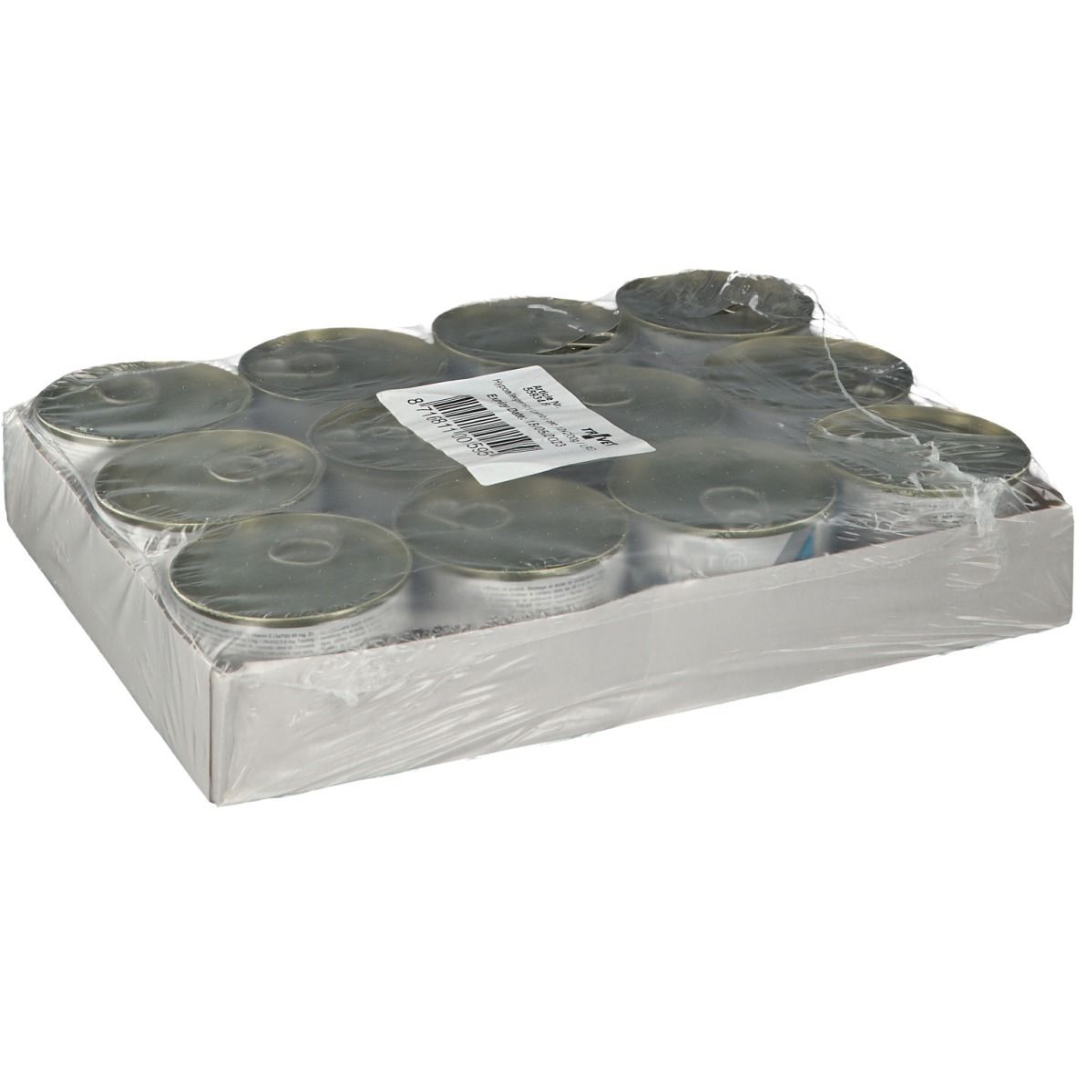Emballage de 12 boîtes de nourriture pour animaux. Boîtes dans un carton, emballées dans du film plastique. Étiquette avec informations.