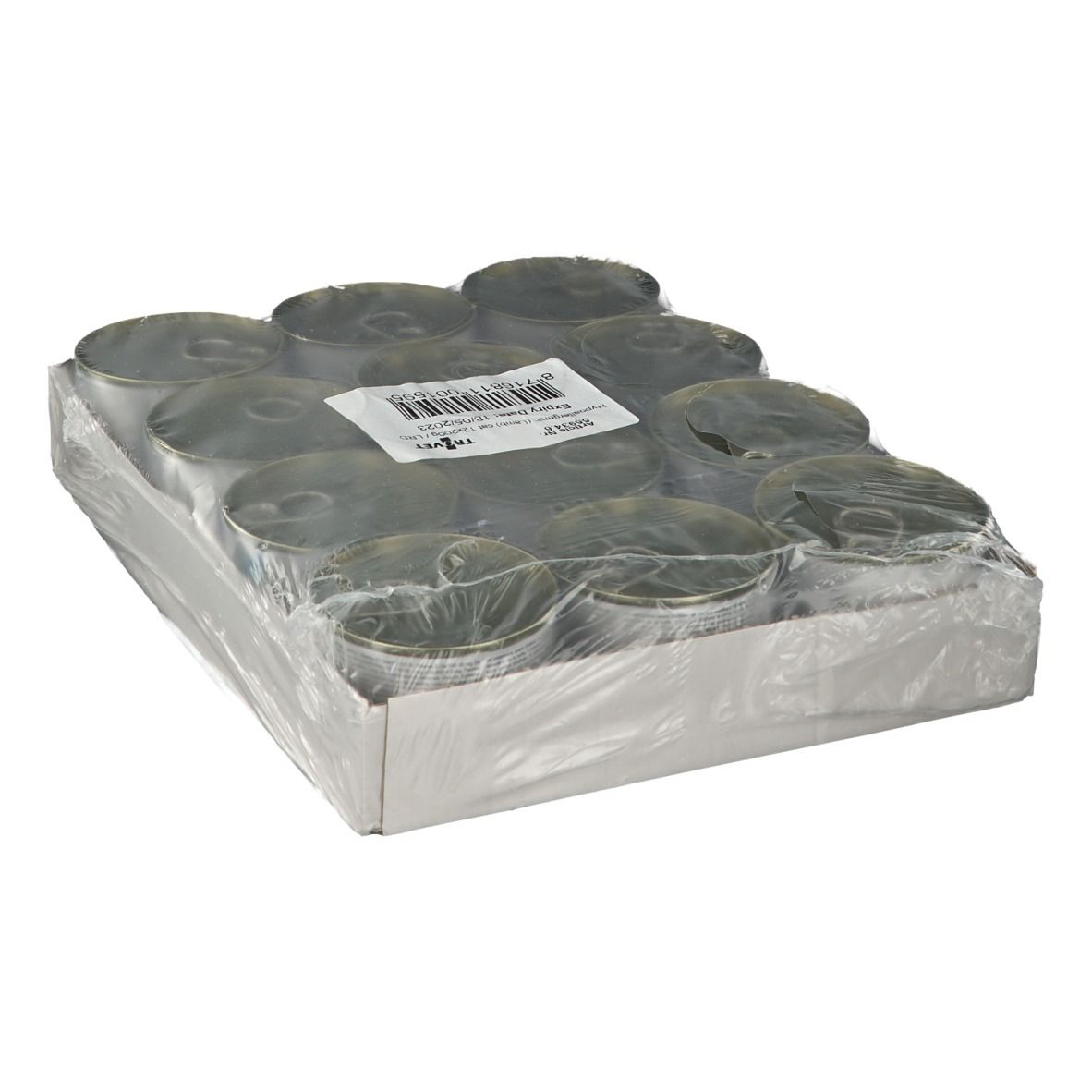 Emballage de 12 boîtes de nourriture pour animaux. Boîtes dans un carton, emballées dans du film plastique. Étiquette avec informations.