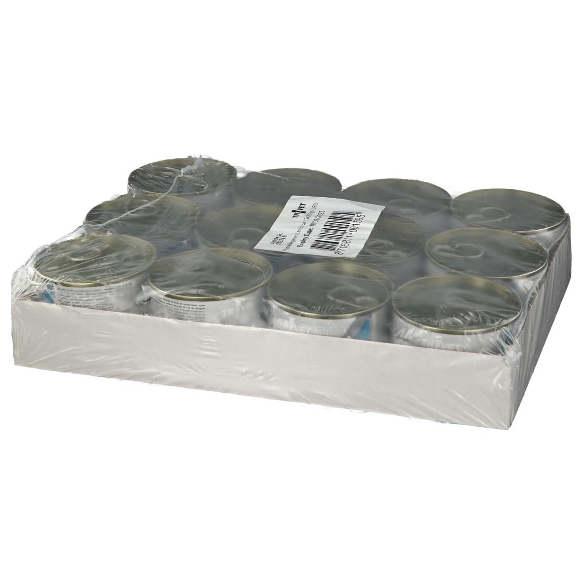 Emballage de 12 boîtes de nourriture pour animaux. Boîtes dans un carton, emballées dans du film plastique. Étiquette avec informations.