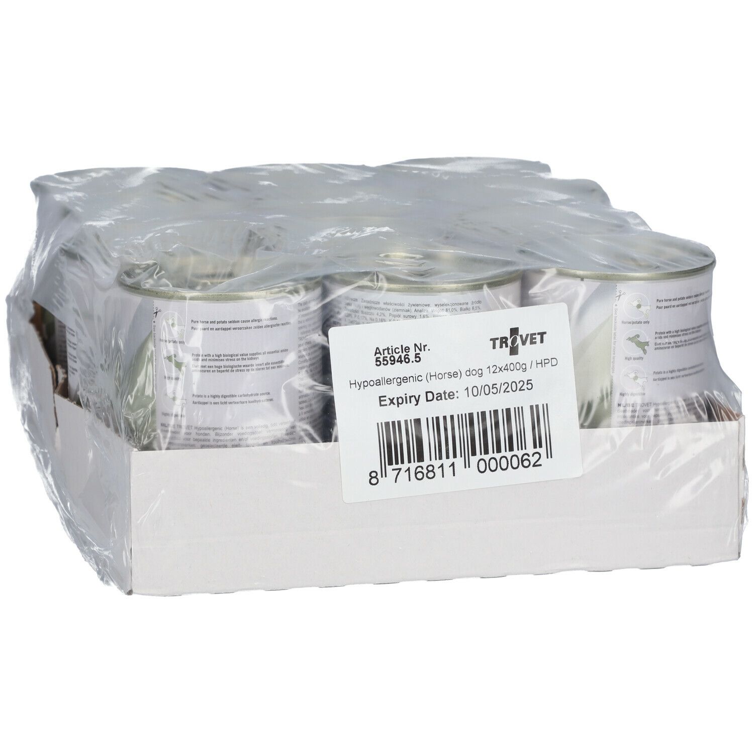Verpakking van 12 blikken hondenvoer, verpakt. Etiket met productinfo en barcode.