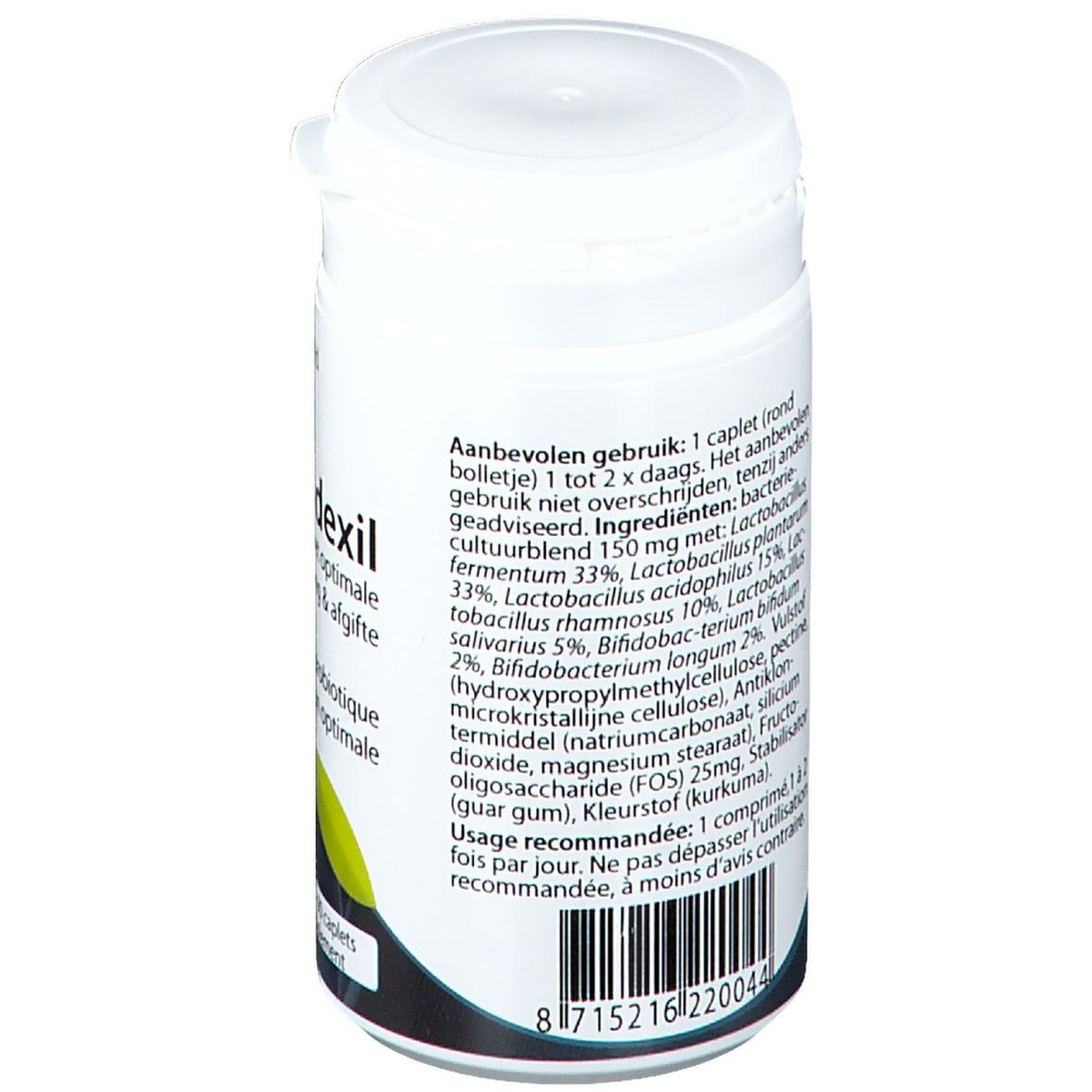 Achterkant van de witte pot met tekst. Bevat informatie over ingrediënten en gebruik. Barcode onderaan.