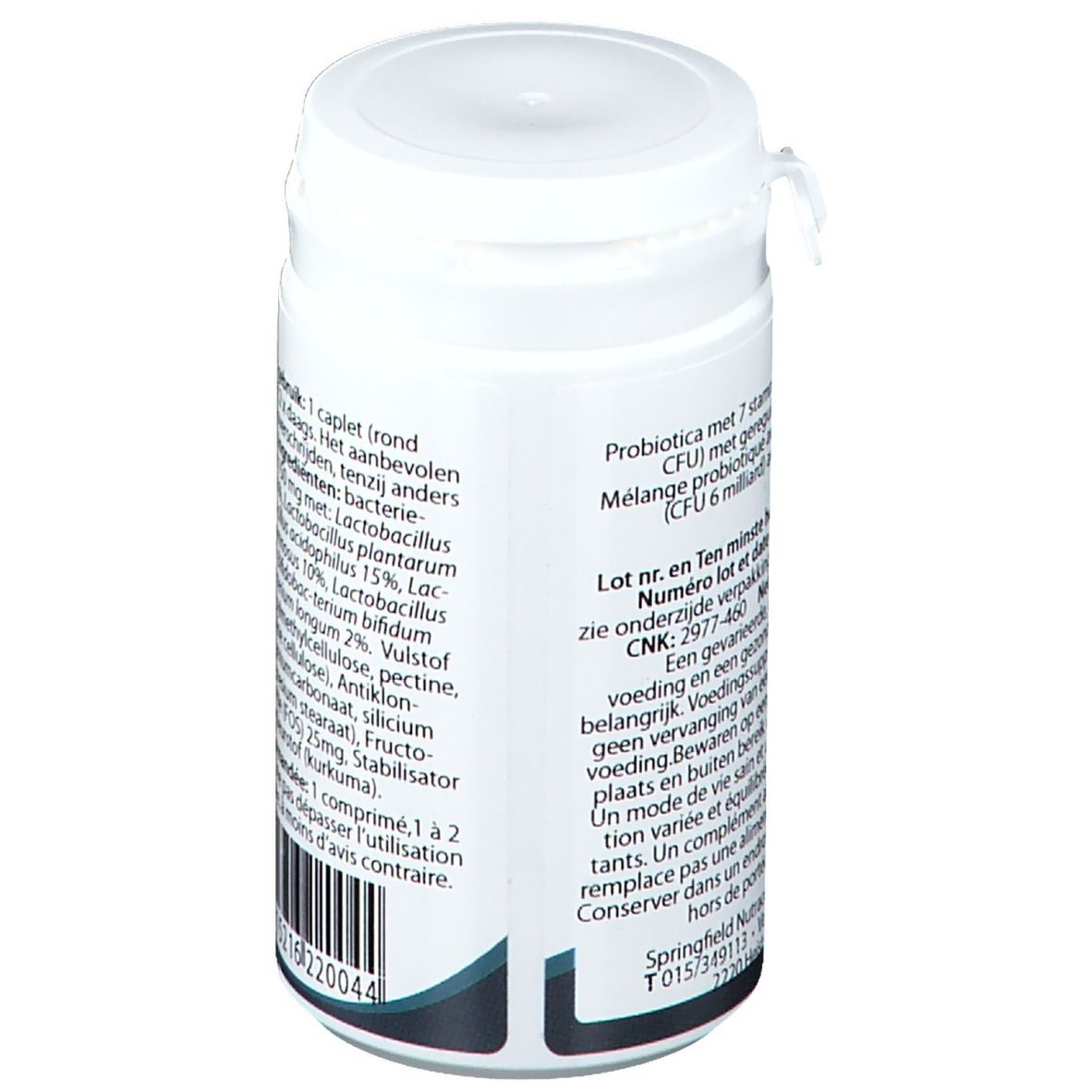Achterkant van de witte pot met tekst. Bevat informatie over ingrediënten en gebruik. Barcode onderaan.