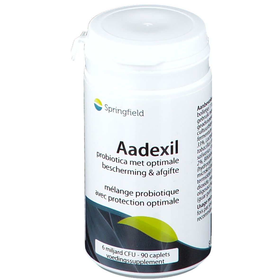 Witte pot met 'Springfield' logo en 'Aadexil' opschrift. Bevat 90 capsules. Tekst in het Nederlands en Frans.