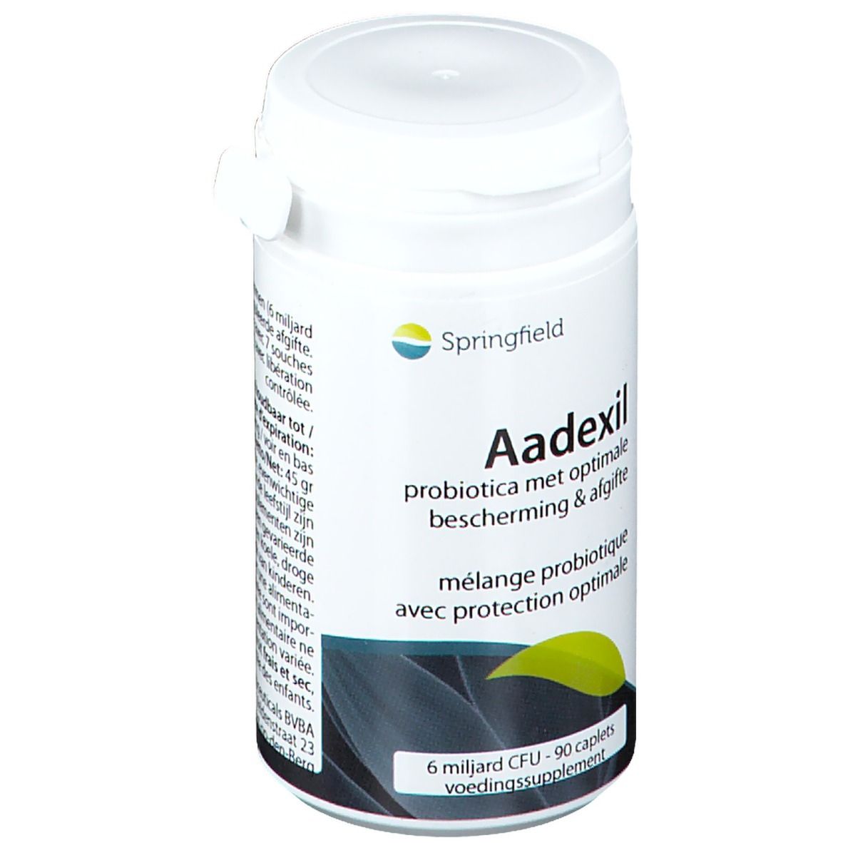 Witte pot met 'Springfield' logo en 'Aadexil' opschrift. Bevat 90 capsules. Tekst in het Nederlands en Frans.