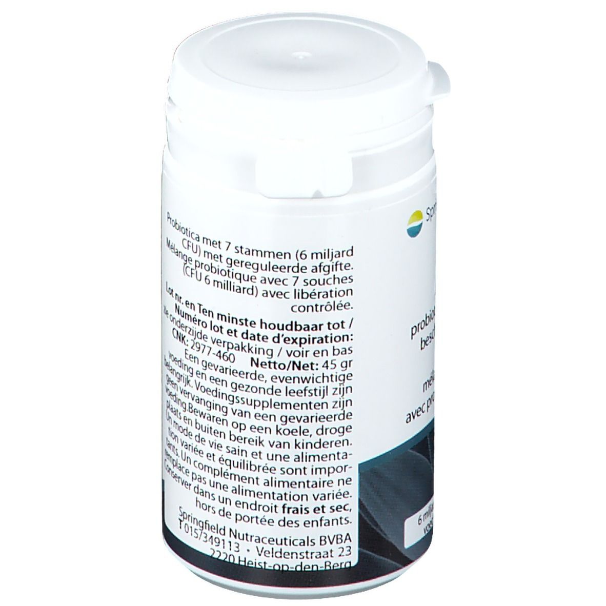 Achterkant van de witte pot met tekst. Bevat informatie over ingrediënten en gebruik. Barcode onderaan.