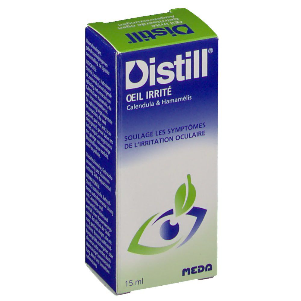 Boîte Distill Oeil Irrité. Emballage bleu et vert. Contient 15 ml.